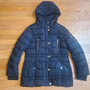 GUESS Black Longline Hooded Puffer Coat Gold Zip Trim Size L